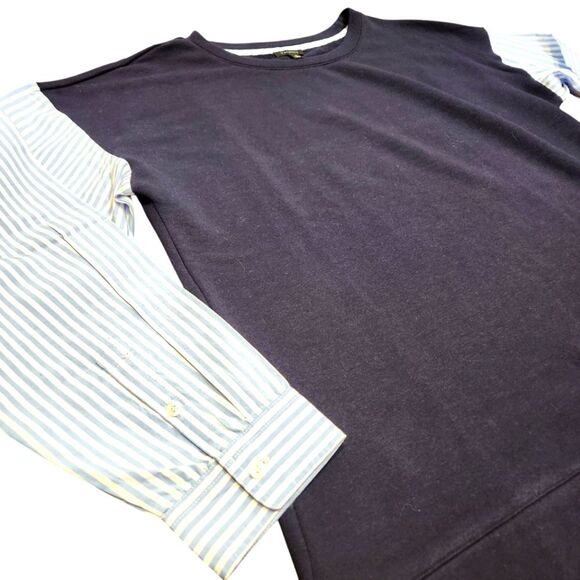Talbots Top Woven Sleeve Crew Neck Navy Blue Striped Long Sleeve Preppy Twee L - Picture 7 of 14